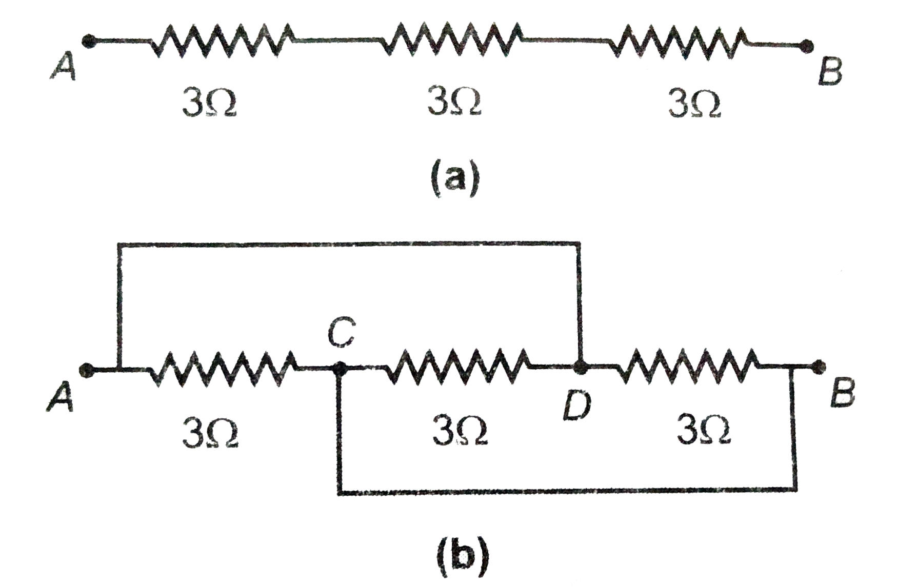 (A ) चित्र (a) में बिंदु A व B के बीच तुल्य प्रतिरोध ज्ञात कीजिये ।    (B) चित्र (b) में बिंदु A व B के बीच तुल्य प्रतिरोध ज्ञात कीजिये ।