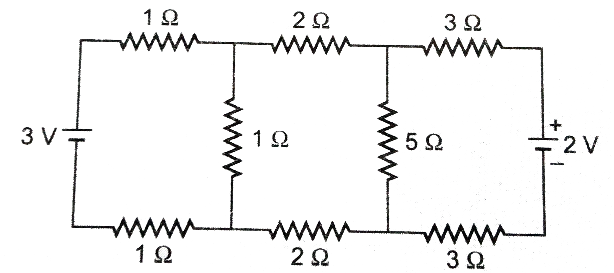 किरचॉफ के नियमों की सहायता  से संलग्न चित्र में प्रदर्शित परिपथ में 5Omega के तार में प्रवाहित धारा के मान गणना कीजिये ।