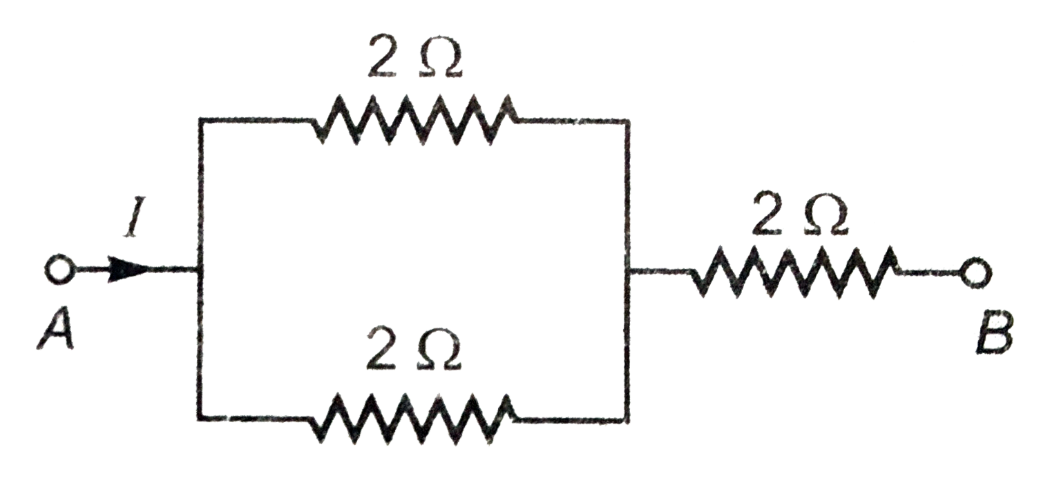 संलग्न चित्र में जुड़े तीन प्रतिरोध - तारो में प्रत्येक का प्रतिरोध 2Omega है तथा प्रत्येक को अधिकतम 18 वाट तक वैधुत शक्ति दी जा सकती है (वरना वह पिघले जाएगा ) । पूरा परिपथ कितनी अधिकतम शक्ति ले सकता है ?