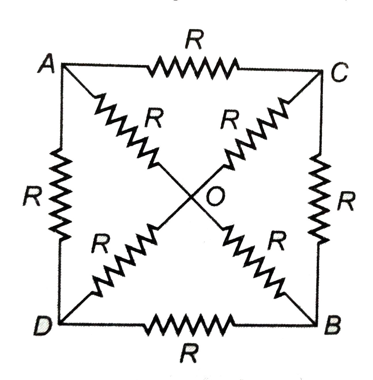चित्र में प्रत्येक प्रतिरोध R है| बिंदु D व B के बीच तुल्य प्रतिरोध ज्ञात कीजिए ।