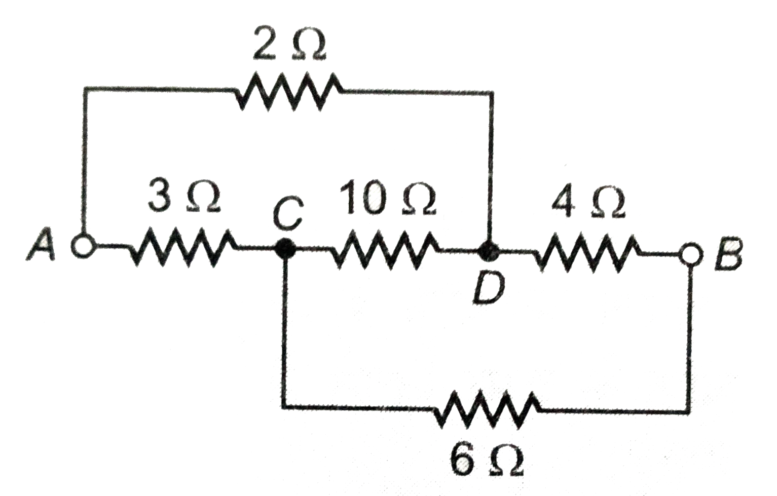 संलग्न चित्र में बिंदुओं A व B के बीच तुल्य प्रतिरोध ज्ञात कीजिए । यदि A व B के बीच 4 वोल्ट व 0.4 ओम की बैटरी जोड़ दे तो विभिन्न प्रतिरोधों में धाराएं ज्ञात कीजिये ।