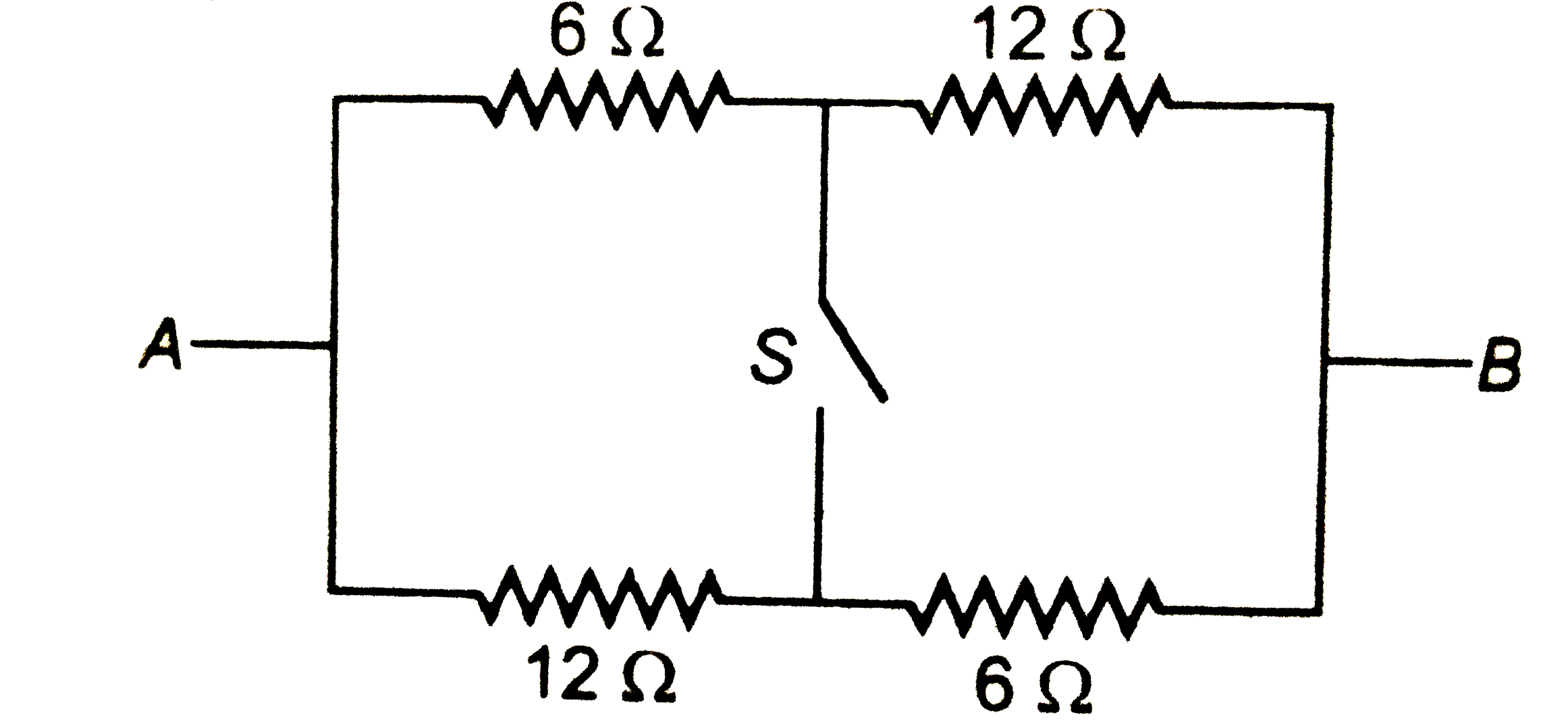 चित्र में बिंदु A व B के बीच तुल्य प्रतिरोध ज्ञात करो जब स्विच (i ) बंद (ii) खुला है ।