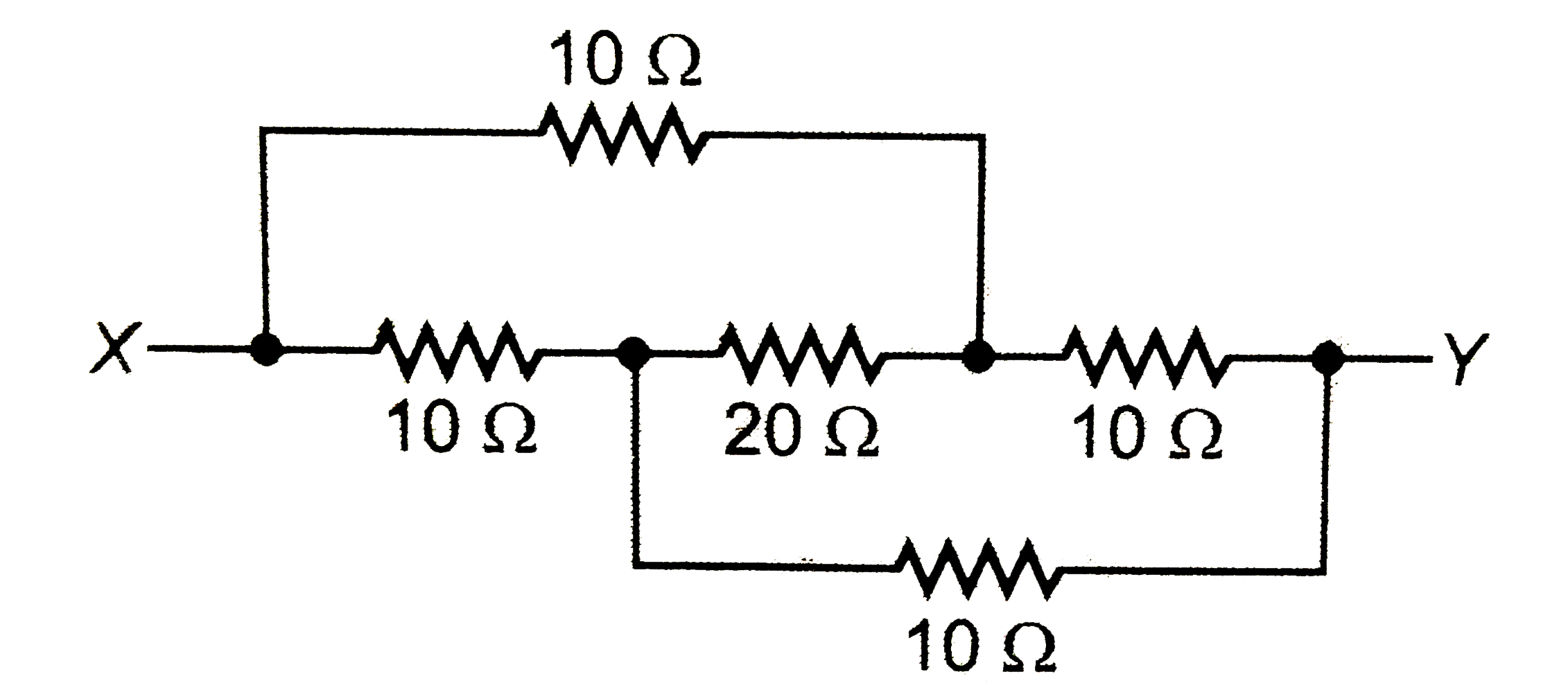 चित्र के अनुसार पांच प्रतिरोध जुड़े है । X व Y बिंदुओं के बीच तुल्य प्रतिरोध होगा -