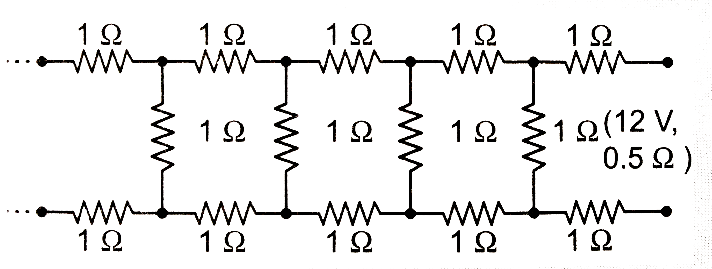 किसी 0.5Omega आंतरिक प्रतिरोध वाले 12V के एक सम्भरण (supply ) के चित्र में दर्शाये गए अनंत  नेटवर्क द्वारा ली गयी धरा का मान ज्ञात कीजिये । प्रत्येक प्रतिरोध का मान 1Omega है