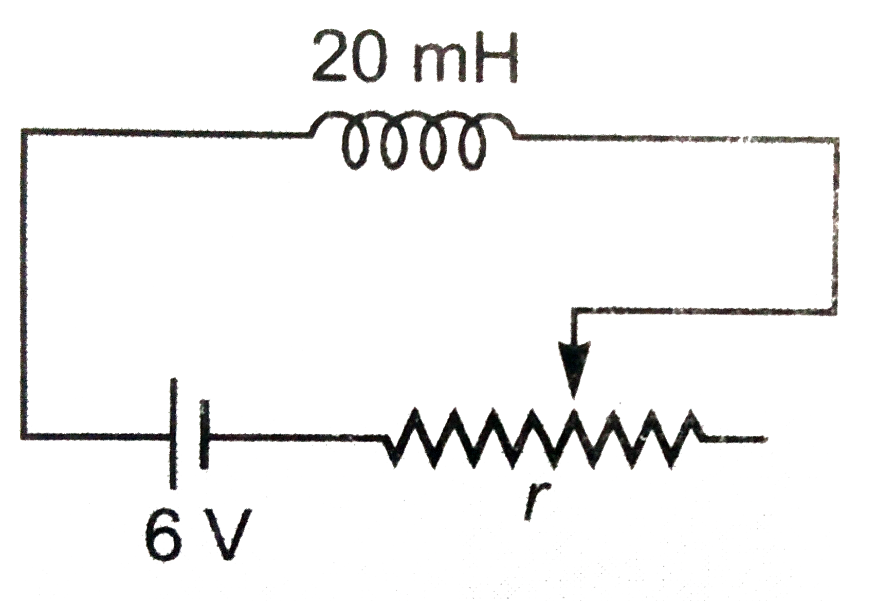 संलग्न चित्र 6.50 में प्रतिरोध r का मान समय के साथ बढ़ रहा है जिस क्षण r=12 ओम है परिपथ में धारा का मान 0.50 ऐम्पियर से अधिक है अथवा कम ।