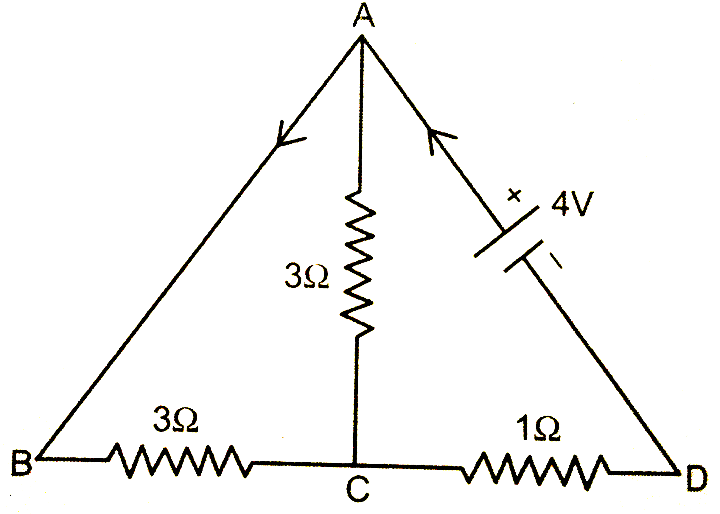 संलग्न परिपथ में सेल का विद्युत वाहक बल 4V व आंतरिक प्रतिरोध नगण्य है। ज्ञात किजिए-    (I) कुल प्रतिरोध    (ii) परिपथ की धारा   (iii) बिन्दु A व C के बौच विभवान्तर।