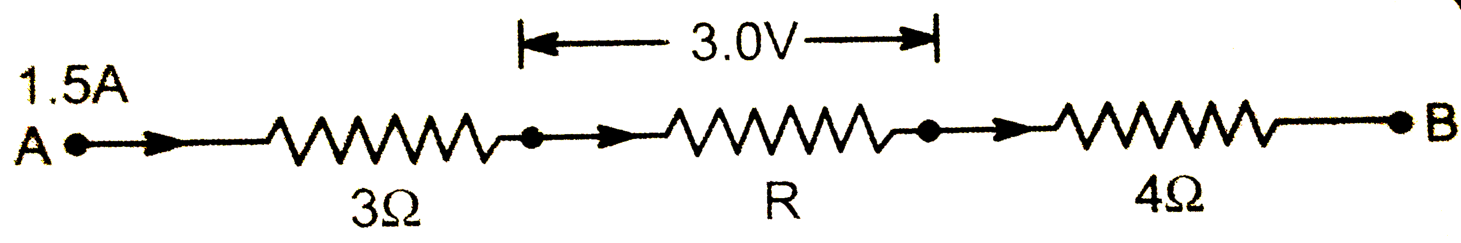 सलंग्न विद्युत परिपथ में 1.5 ऐम्पियर की धारा प्रवाहित हो रही है       ज्ञात कीजिए - (i ) प्रतिरोध R  का मान (ii ) A व B  के बीच विभान्तर |