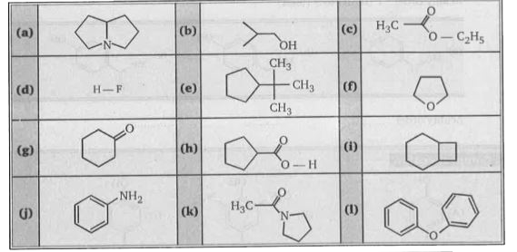 The following questions refer to the twelve compounds given below. You may enter as many as six choices in each answer box.       Which compound may serve only as H-bond donors ?
