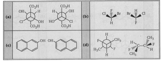 Identify relationship between following pairs :      If they are enantiomer answer will be 1, if they are diastereomers answer will be 2, if they are constitutional isomers answer will be 3 and if they are identical present 4 as the answer. Sum of answer of each part a + b + c + d is :......