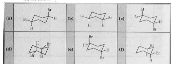 Examine the following formulas and select those pairs that satisfy the following conditions : Be sure to write two letters (and only two) in each answer box. In the second and fourth parts more than one answer is possible.       Which are configuration isomers?