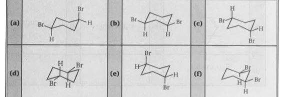 Examine the following formulas and select those pairs that satisfy the following conditions : Be sure to write two letters (and only two) in each answer box. In the second and fourth parts more than one answer is possible.       Which are conformational isomers?