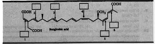(a) Bongkrekic acid is a toxic compound produced by Pseudomonas cocovenenans, and isolated from a mold that rows on bongkrek, a fermented Indonesian coconut dish. (a) Label each double bond as E, Z or neither (N).      (b) How many total stereoisomers (including all types) are possible for bongkrekic acid ? .  (c) How many sites of unsaturation are present in bongkrekic acid ? .
