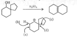 The following transfonnation involves a carbocation rearrangement. The carbocation is generated by protonation of the hydroxyl group, followed by the loss of water. Which bond has to migrate in the carbocation to yield the product indicated (after the deprotonation)