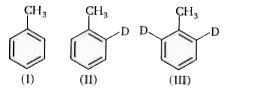 The rate of o-nitration of the above compounds, (I) toluene, (II) 2-D-toluene and (III) 2, 6 D2 -toluene is in the following order