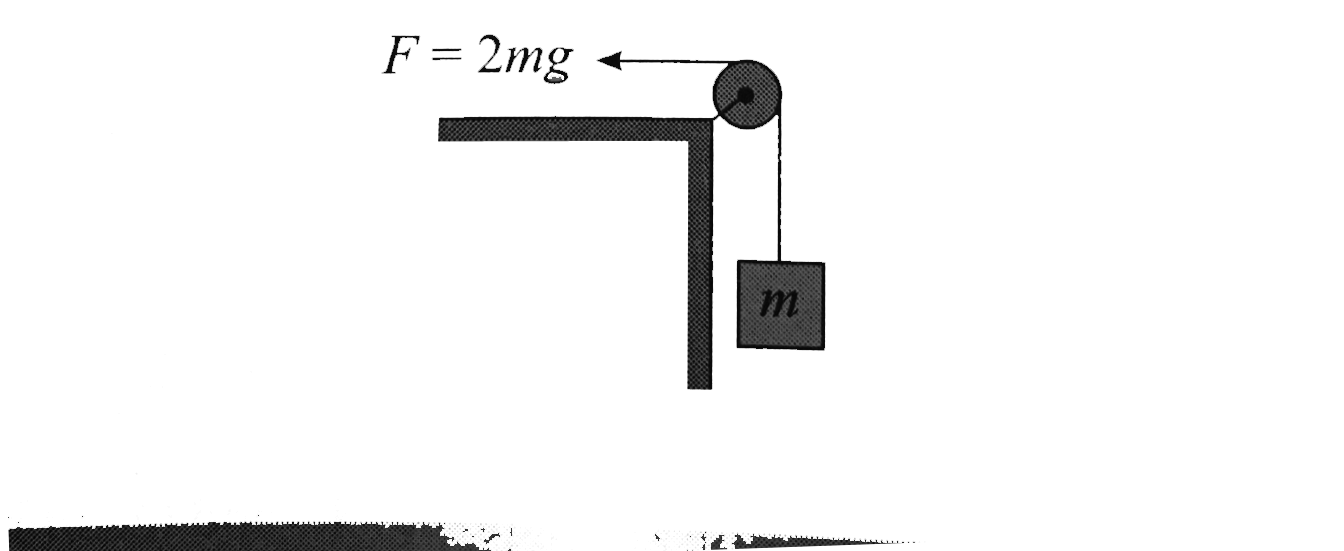 The block of mass m is being pulled by a horizontal force F=2mg applied to a string as shown in figure (Take g=10(m)/(s^2)). The pulley is massless and is fixed at the edge of an immovable table. What is the value of force exerted by the supporting table on the pulley (in Newton)