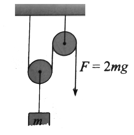 In the shown mass pulley system, pulleys and string are massless. The one end of the string is pulleed by the force F=2mg. The acceleration of the block will be