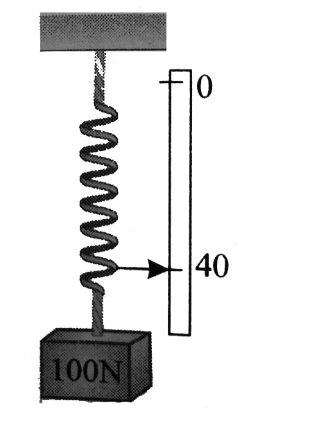 An ideal speing, with a pointer attached to its end, hangs next to a scale. With a 100 N weight attached and in equilibrium, the pointer indicates 40 on the scale as shown. Using a 200 N weight instead results in 60 on the scale. Using an unknown weight X instead results in 30 on the scale. Find the value of X is