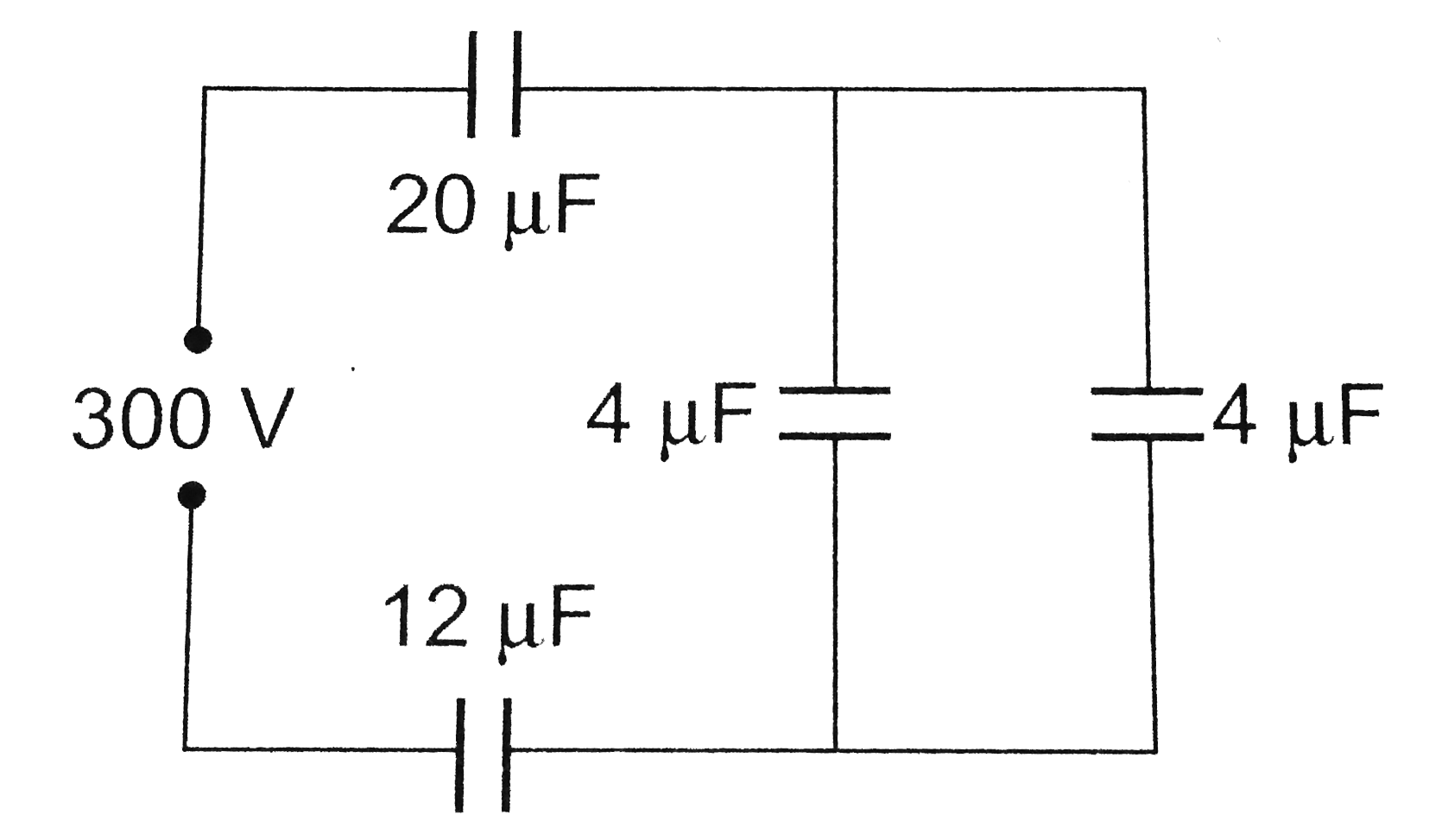 In the adjoining figure, four capacitors are shown with their respective capacities and the P.D. applied. The charge and the P.D. Across the 4muF capacitor will be