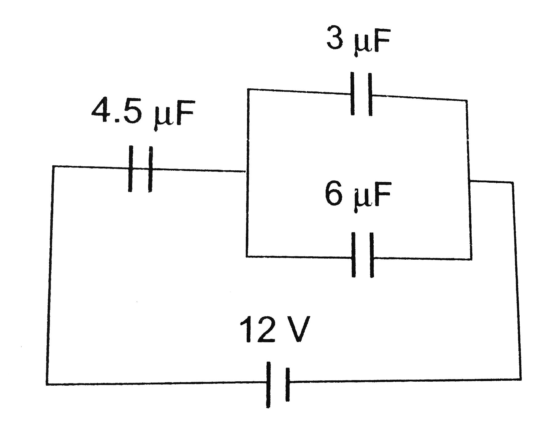 In the circuit shown in the figure, the potential difference across the 4.5 muF capacitor is