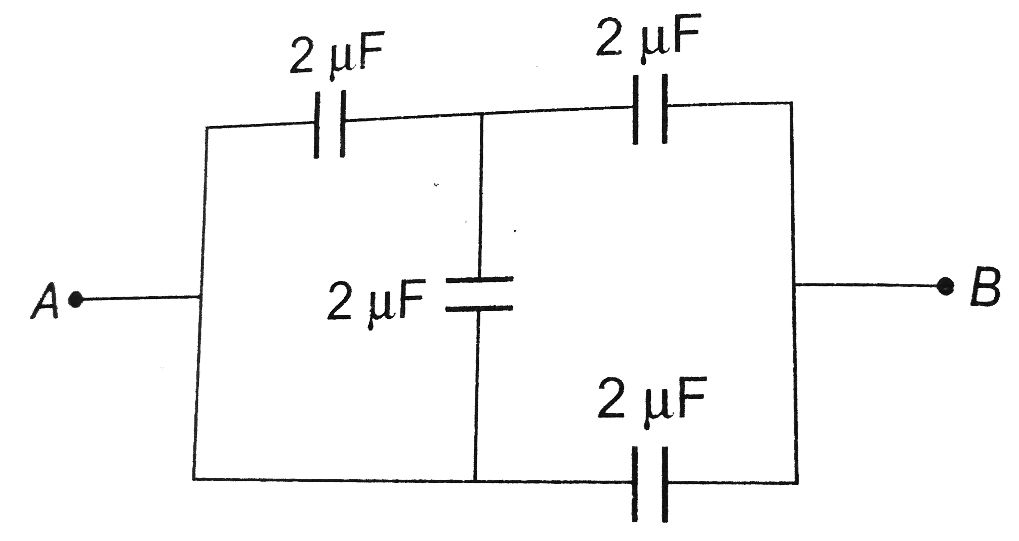 Four capacitors are connected in a circuit as shown in the figure. The effective capacitance in muF between points A and B will be