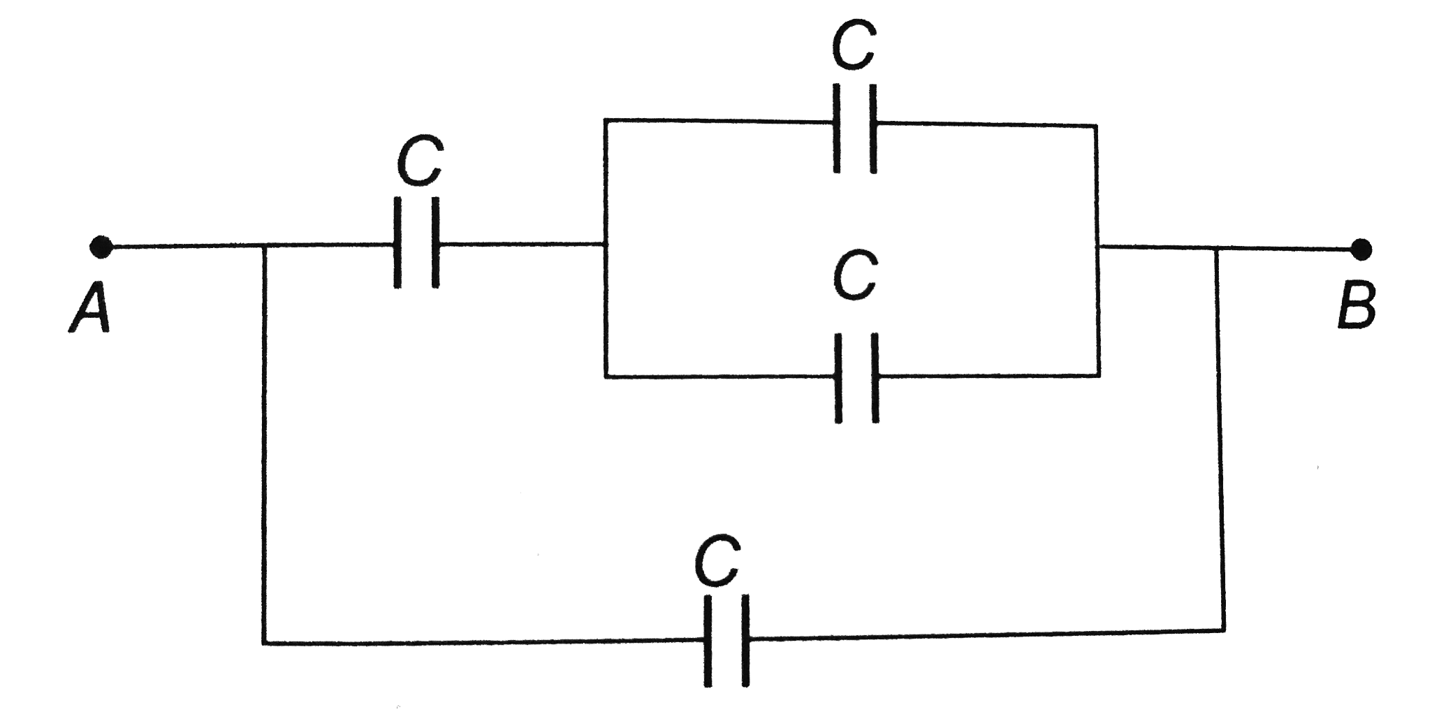 Four equal capacitors, each of capacity C, are arranged as shown. The effective capacitance between A and B is