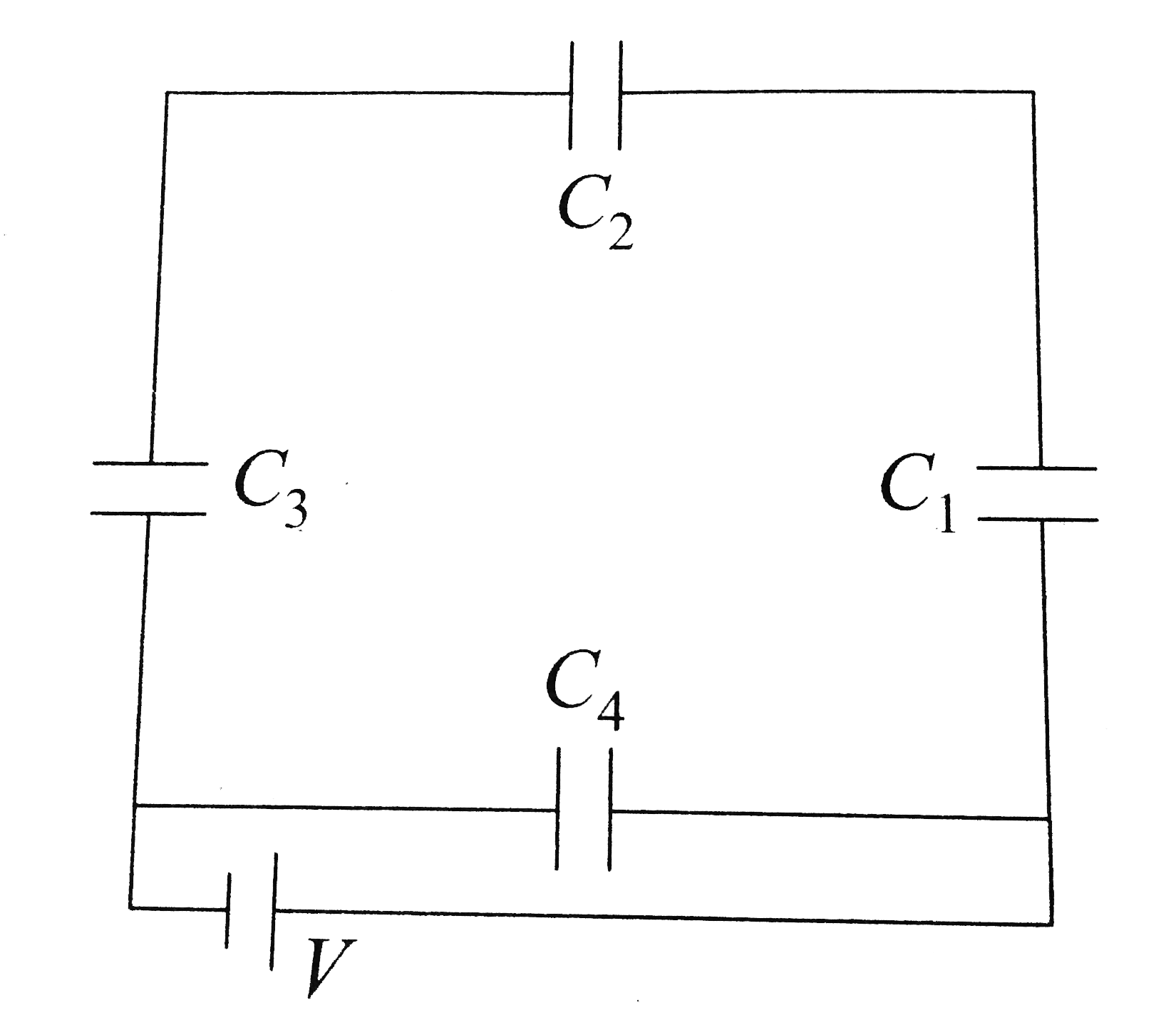 A network of four capacitors of capacity equal to C(1) = C, C(2) = 2C, C(3) = 3C and C(4) = 4C are connected to a battery as shown in the figure. The ratio o fthe charges on C(2) an C(4) is