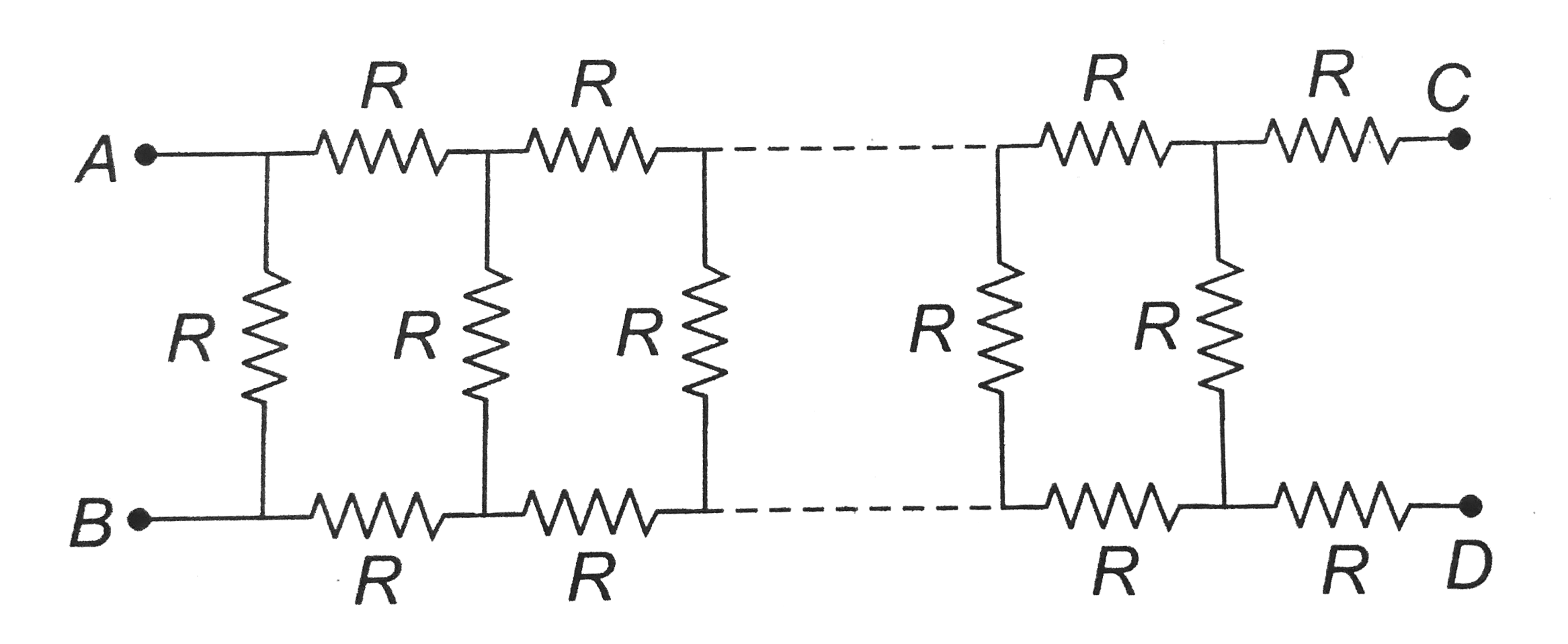 In the figure, the value of resistors to be connected between C and D so that the resistance of the entire circuit between A and B does not change with the number of elementary set used is