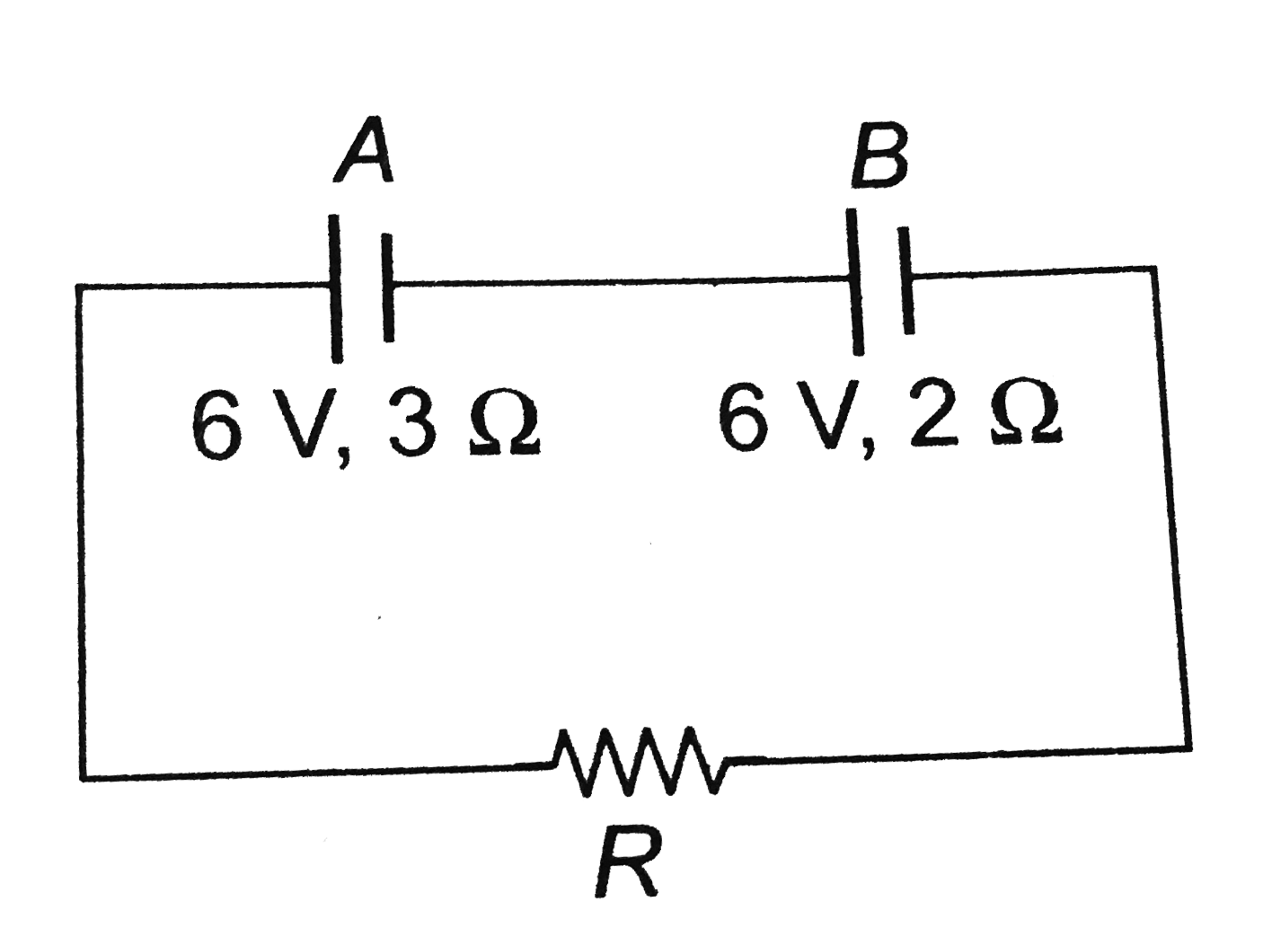 Two sources of emf 6 V and internal resistance 3 Omega and 2 Omega are connected to anexternal resistance R as shown. If potential difference across battery A is zero, then the value of R ( in Omega) is
