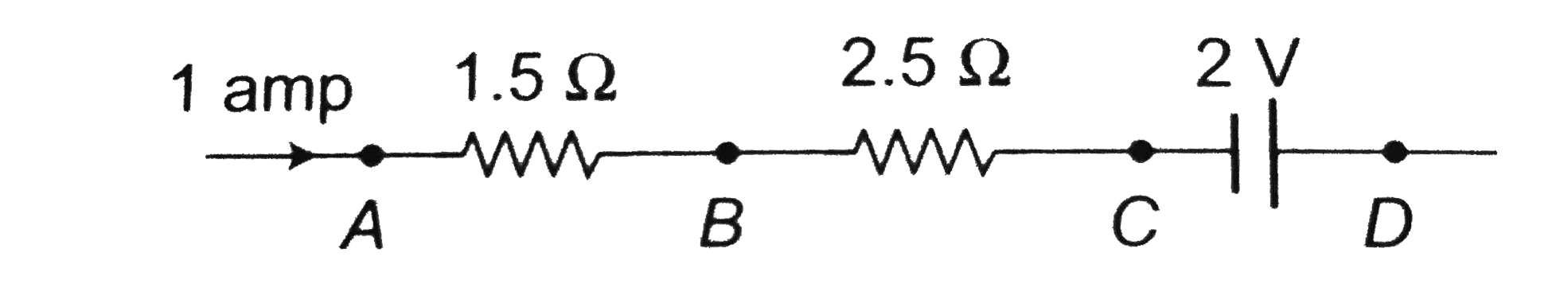 In the circuit element given here, if the potential at point B = V(B) = 0, then the potentials of A and D are given as