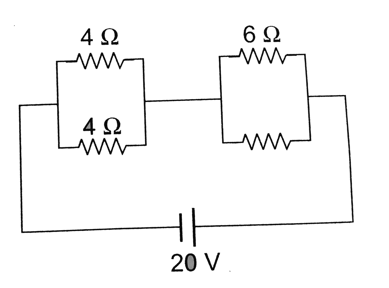 Four resistances are connected in a circuit in the given figure. The electric cirrent flowing through 4 ohm and 6 ohm resistance is respectively