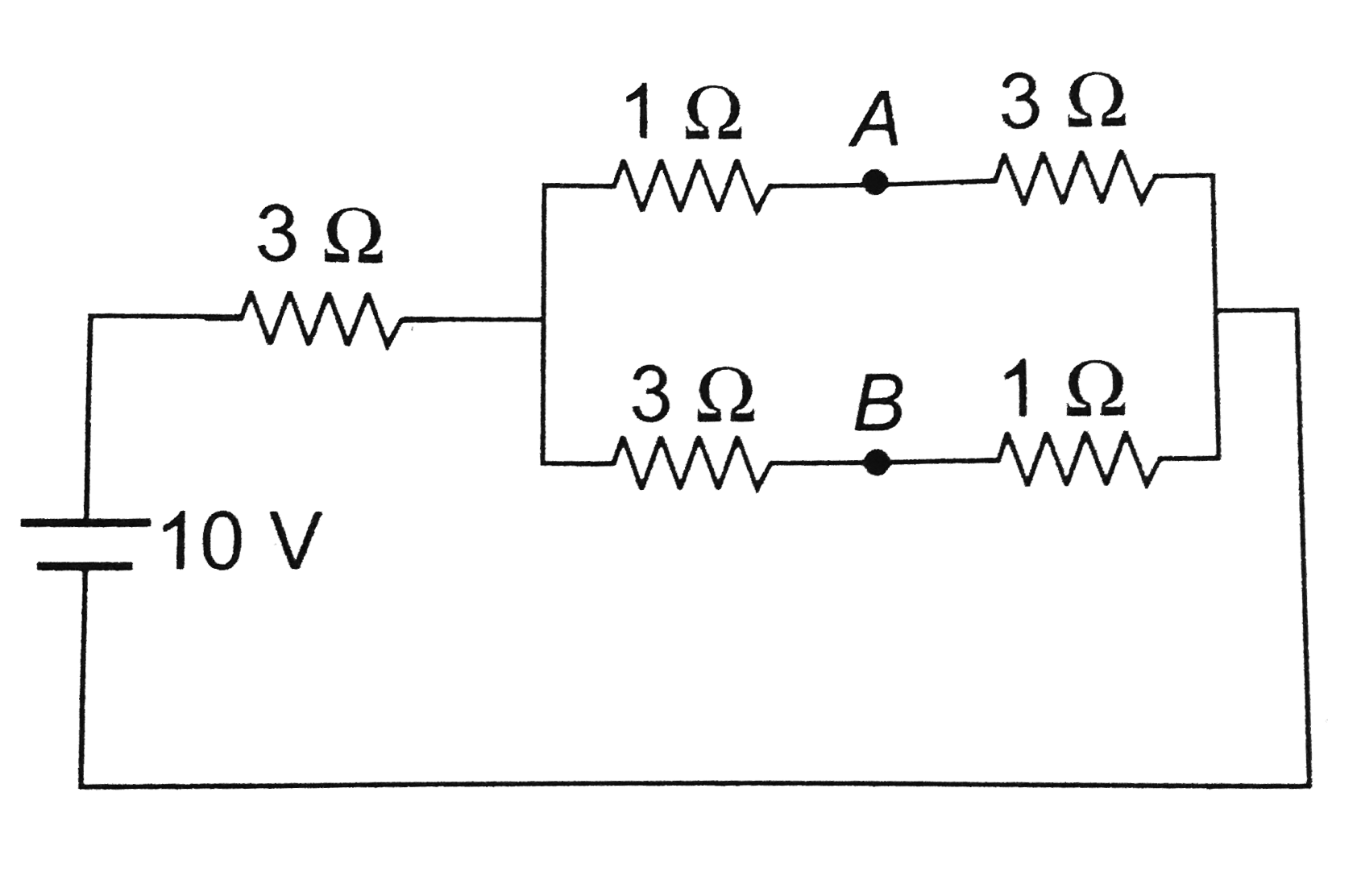 A battery of e.m.f. 10 V is connected to resistance as shown in figure. The potential difference V(A) - V(B) between the point A and B is