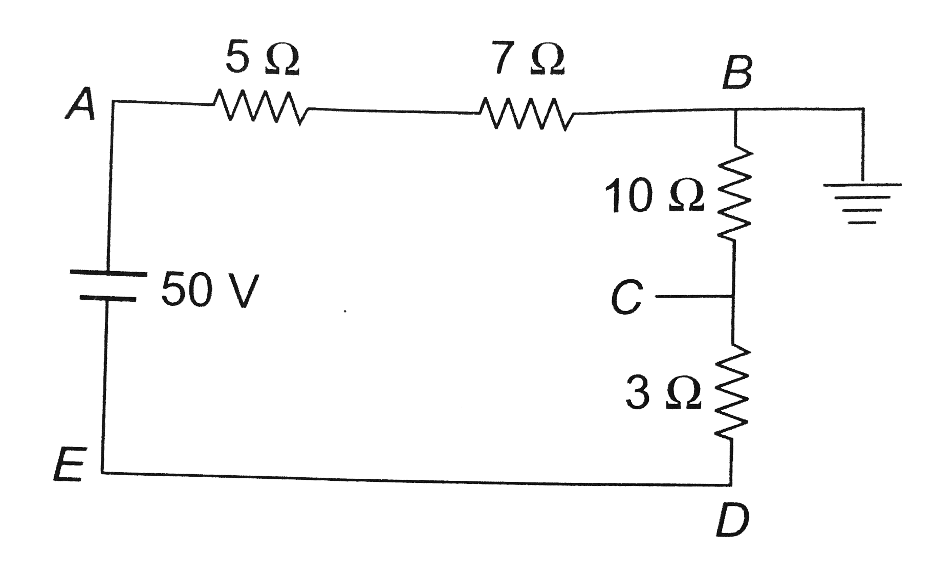 In the circuit shown, the point B is earthed. The potential at the point 'A' is