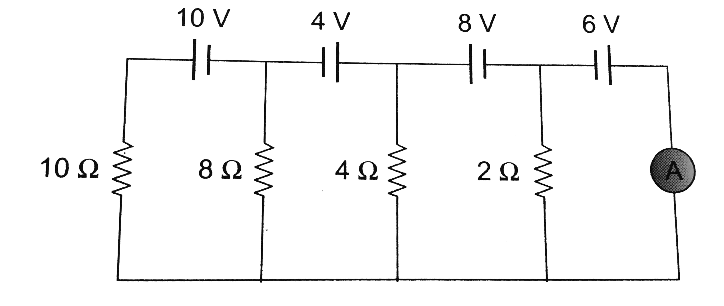 Find the reading of the ideal ammeter connected in the given circuit. Assume that the cells have negligible internal resistance.