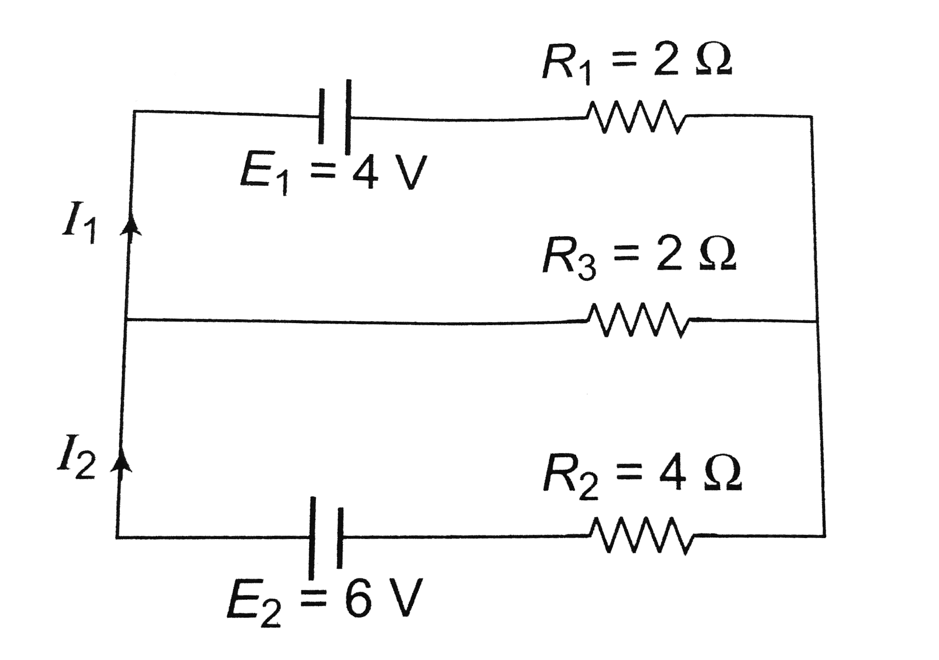 In the circuit shown below E(1) = 4.0 V, R(1) = 2 Omega, E(2) = 6.0 V, R(2) = 4 Omega and R(3) = 2 Omega. The current I(1) is