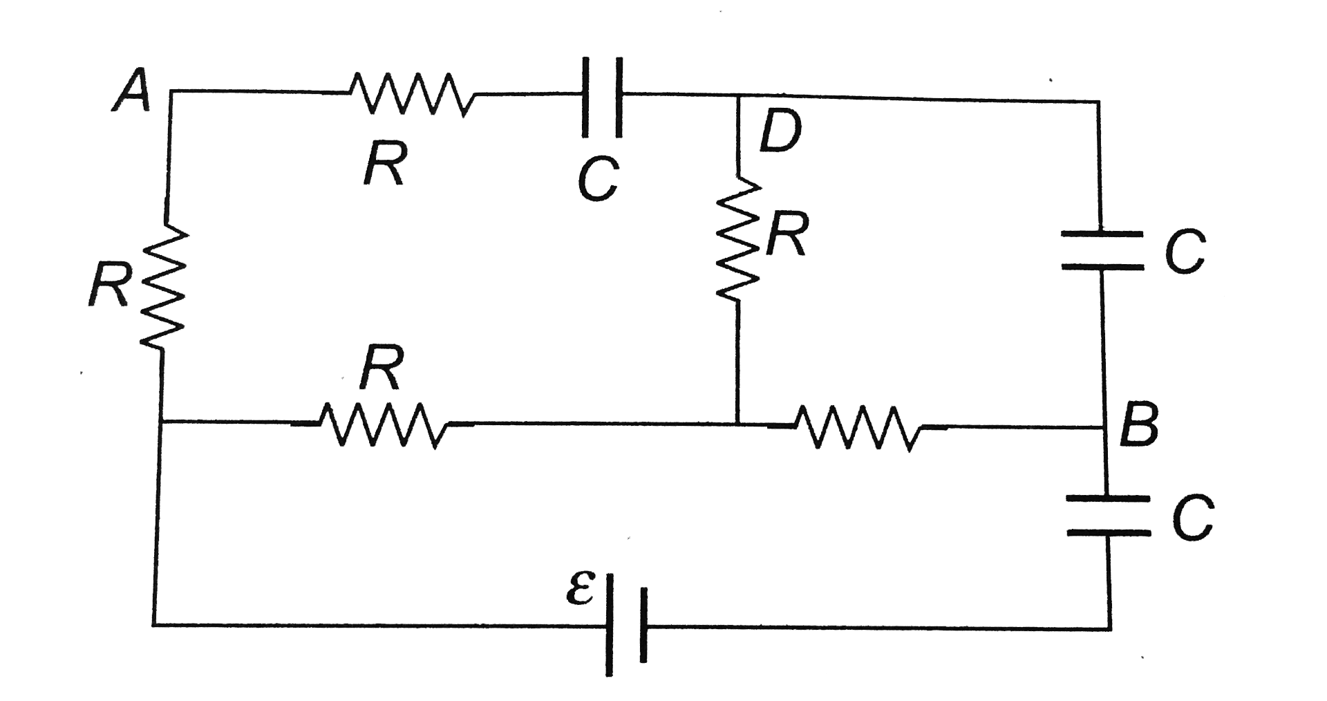 Consider the circuit shown in the figure. Find the charge on capacitor C between A and D in steady state.