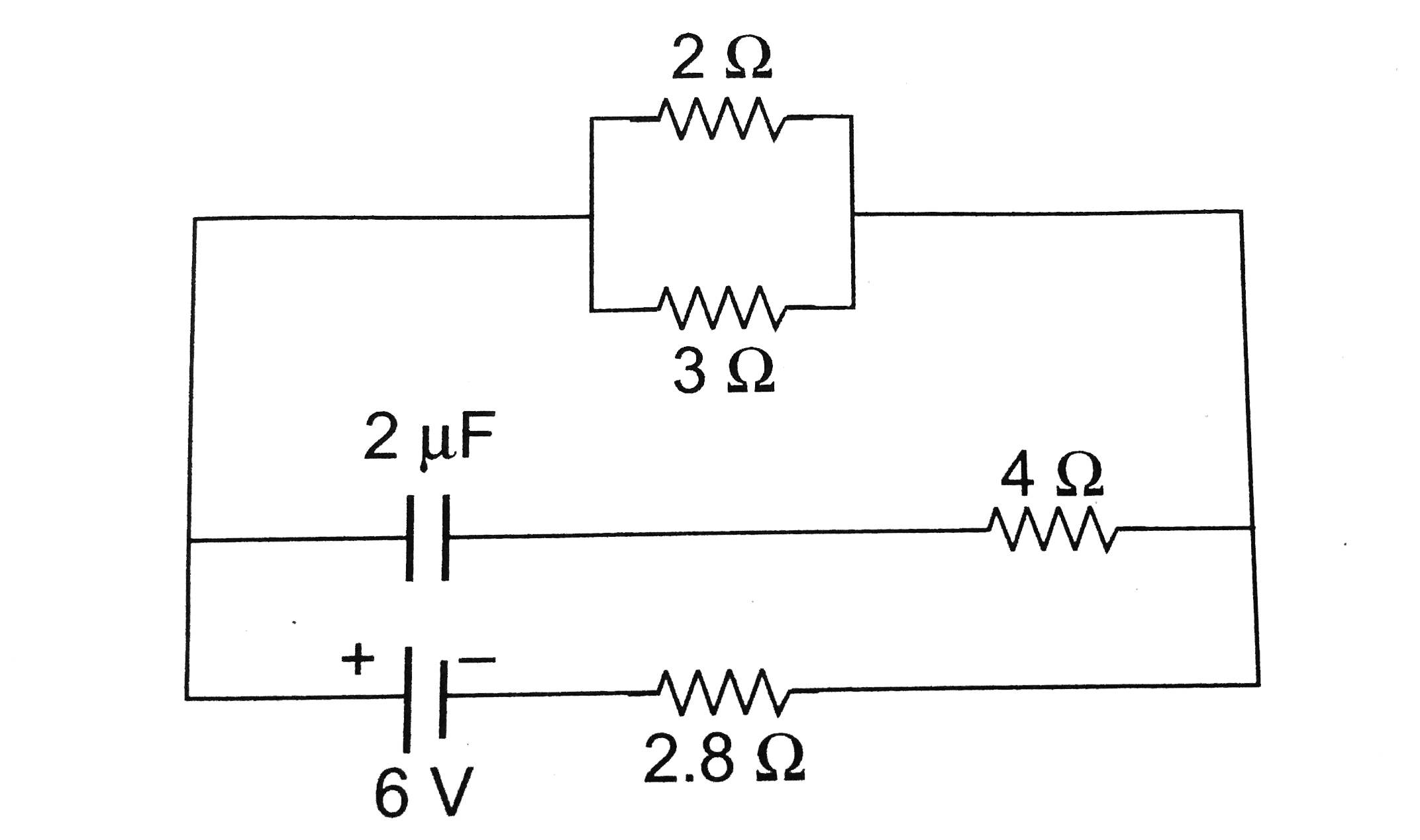 In the figure shown, the capacity of the consider C is 2 nu F. The current in 2 Omega resistor is