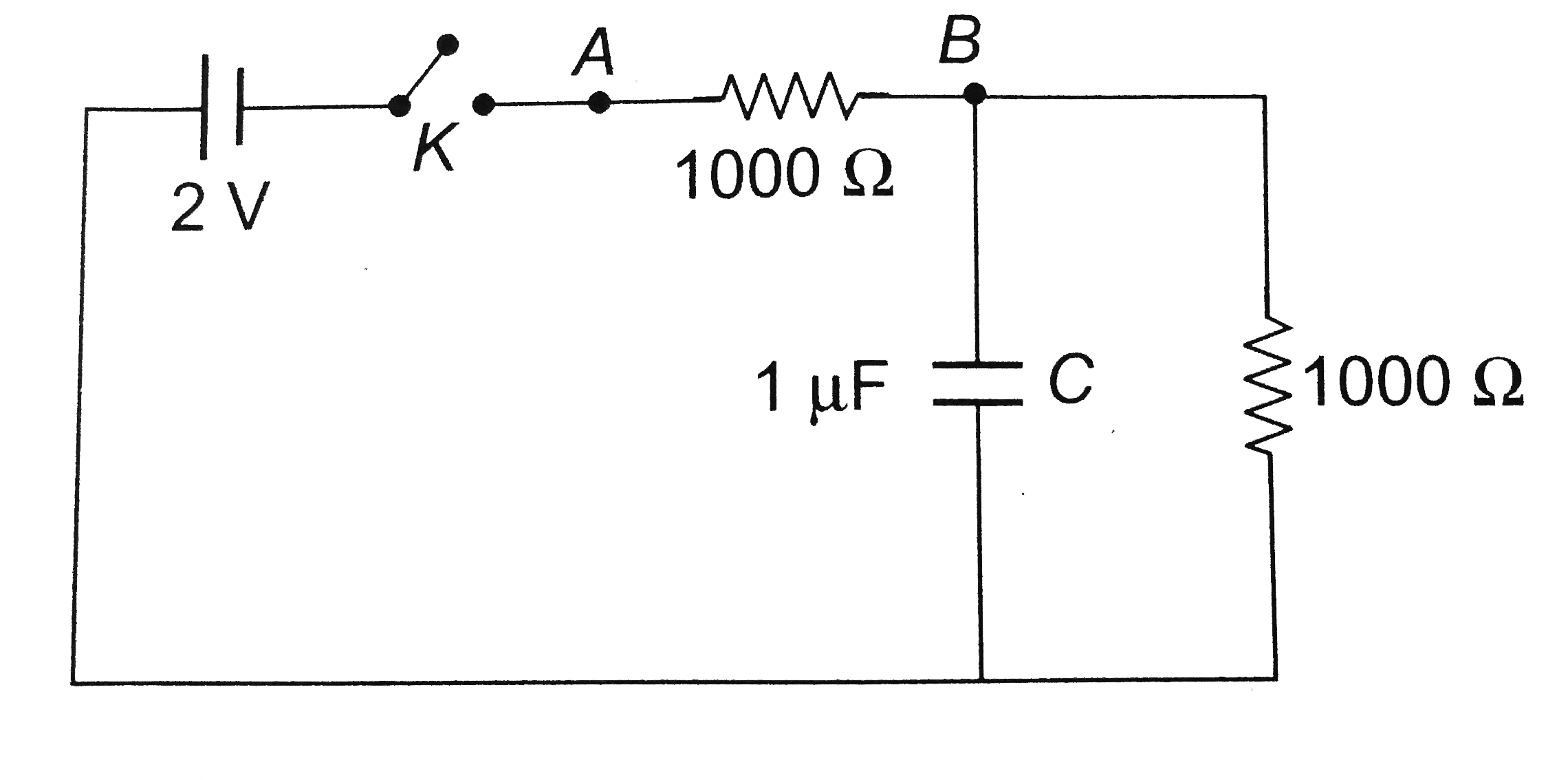 When the key E is pressed at time t = 0, which of the following statements about the current I in the resistor AB of the given circuit is true.