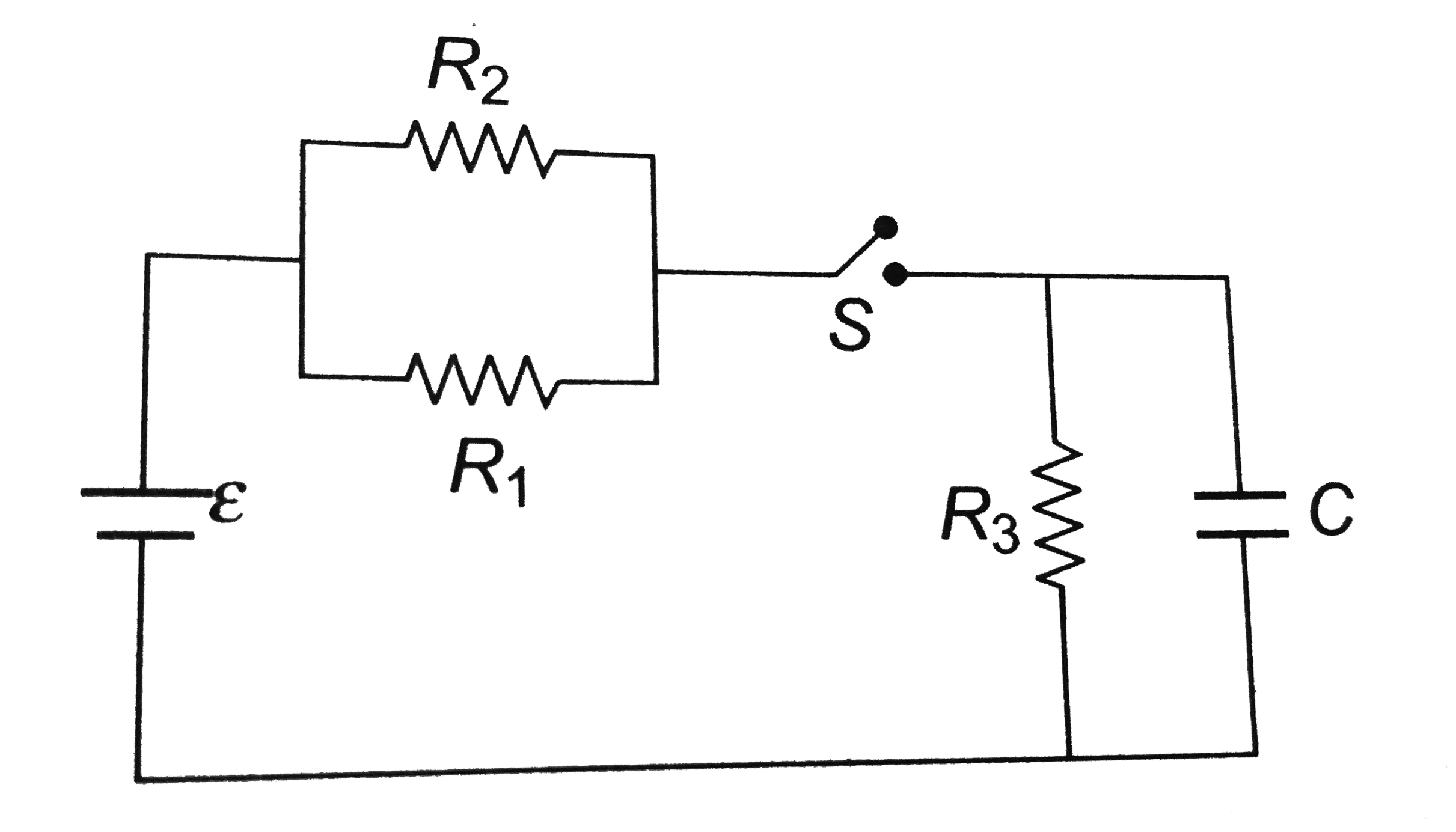 The circuit shown in the figure consists of a battery of emf epsilon = 10 V , a capacitor of capacitance C = 1.0 mu F and three resistors of value R(1) = 2 Omega, R(2) = 2 Omega and R(3) = 1 Omega, Initially the capacitor is completely uncharged and the switch S is open. The switch S is closed at t = 0. Then