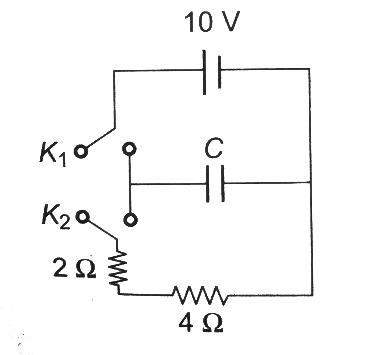 A capacitor of capacitance 3 mu F is first charged by connecting it across a 10 V battery by closing key K(1), then it is allowed to get discharged through 2 Omega and  4 Omega resistors by opening K(1) and closing the key K(2). The total energy dissipated in the 2 Omega resistor is equal to
