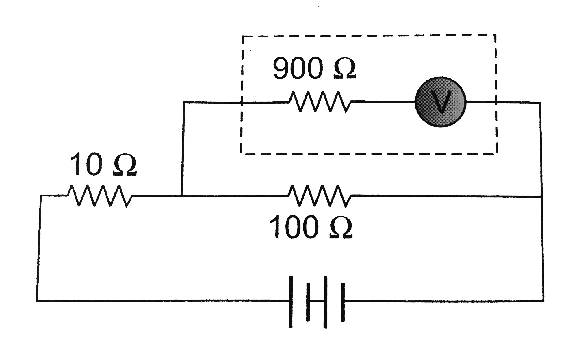 The potential difference across the 100 Omega resistance in the following circuit is measured by a voltmeter of 900 Omega resistance. The percentage error made in reading the potential difference is