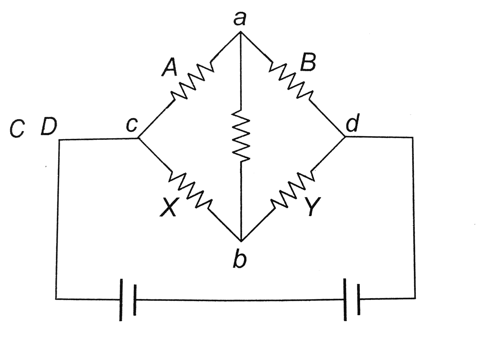 In the Wheatstone's bridge (shown in figure) X = Y and A gt B. The direction of the current between ab will be