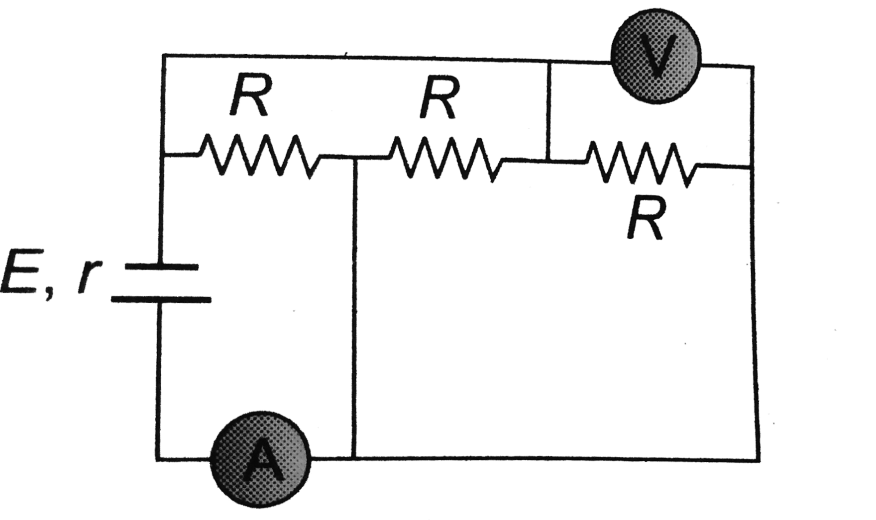 In the circuit shwon in figure, ammeter and voltmeter are ideal. E = 4 V, R = 15 Omega and r = 1 Omega, then reading of ammter (in A) and voltmeter (in V) respectively are: