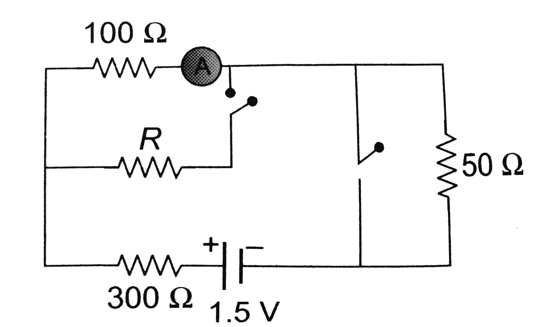 In the circuit shown in figure the reading of ammeter is the same with both switches open as with both closed. Then find the resistance R. (ammeter is ideal).