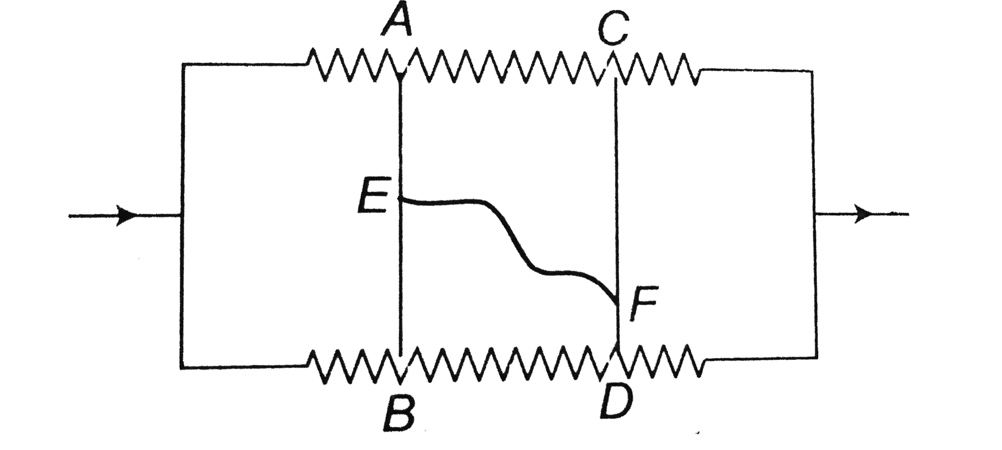 Two conductors AB and CD are connected between two parallel resistors in such a way that no current flows through them. Then a wire is connected between between E and F.