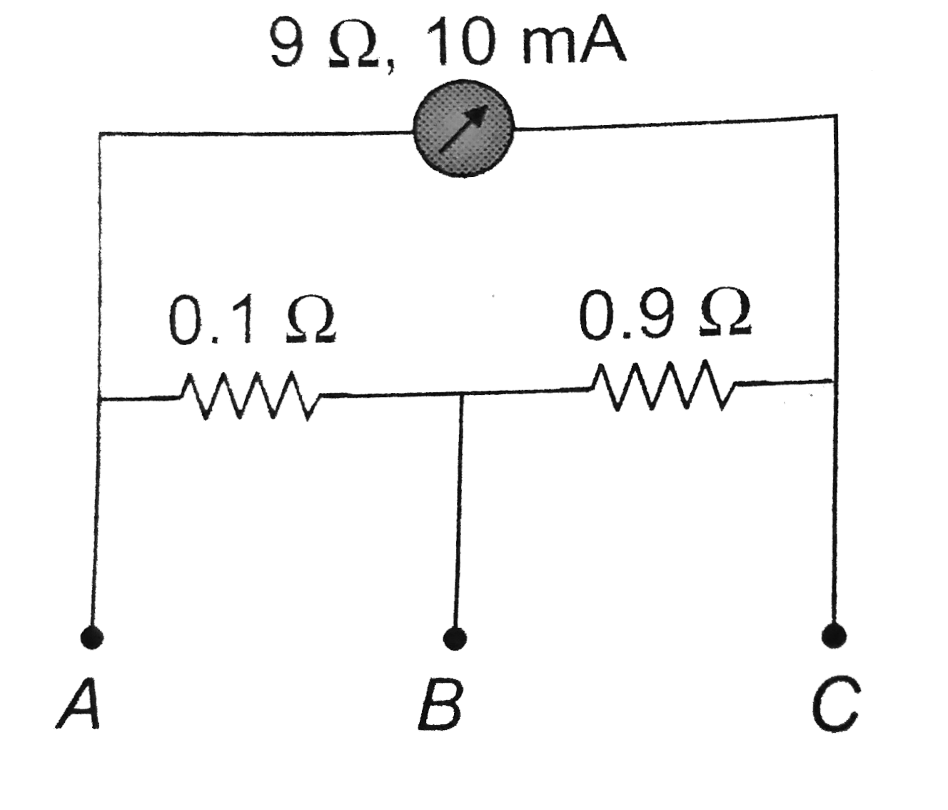 A milliammeter of range 10 mA and resistance 9 Omega is joined in a circuit as shown. The meter gives full-scale deflection for curretn I when A and B are used as its terminals, i.e., current enters at A and leaves at B (C is left isolated). The value if I is