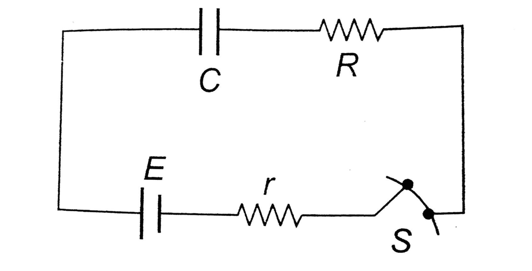 Assertion : The switch S shown in the figure is closed at t = 0. Initial current flowing through battery is (E)/(R + r)   Reason : Initially capacitor was uncharged, so resistance offered by capacitor at t = 0 is zero