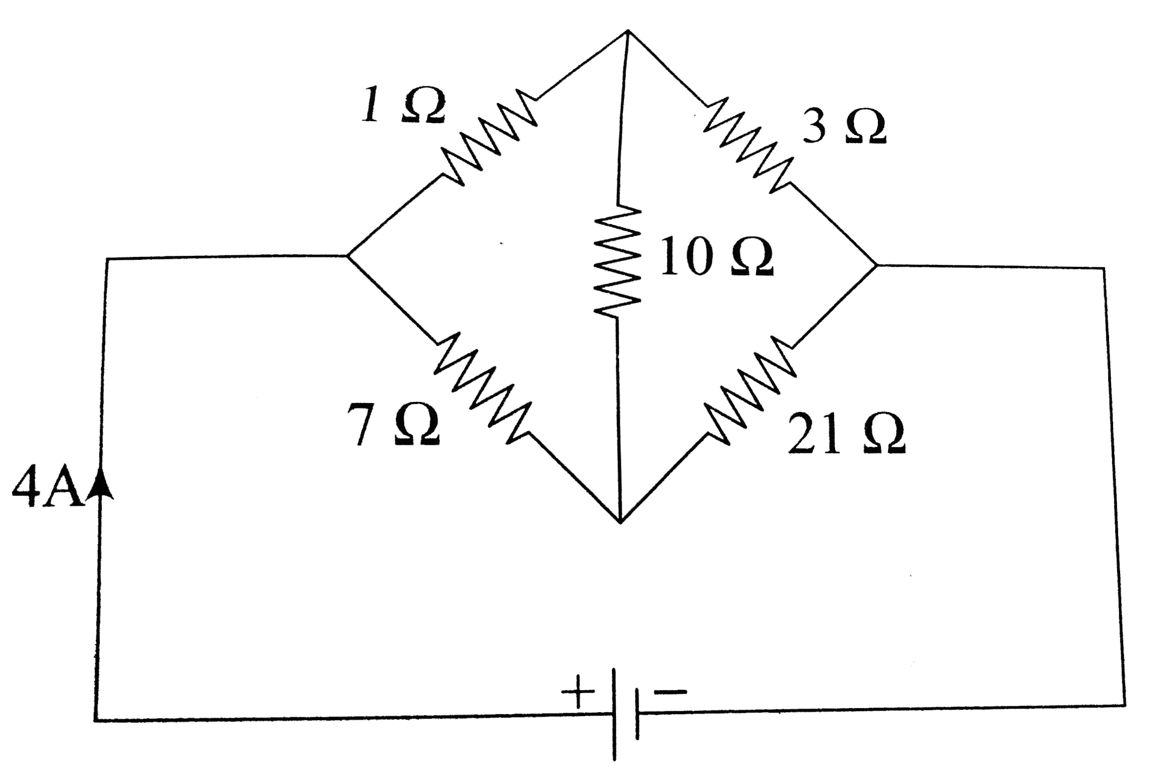 In the circuit shown in the figure, the current drawn from the battery is 4A. If 10 Omega resistor is replaced by 20 Omega resistor, then current drawn from the circuit will be