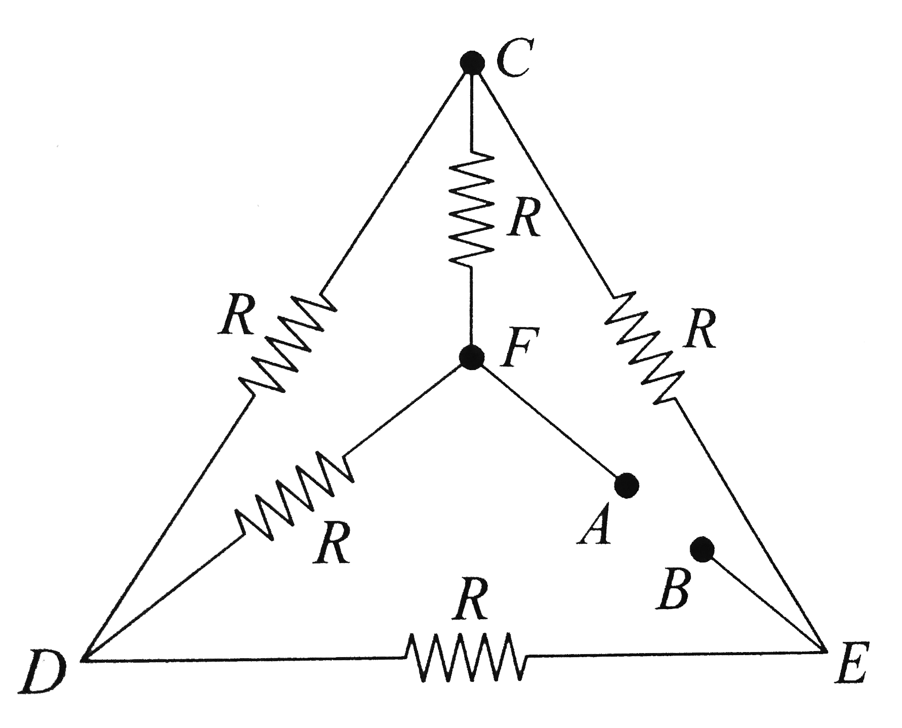 Five equal resistances each of resistance R are connected as shown in the figure. A battery of V volts is connected between A and B. The current flowing in AFCEB will be