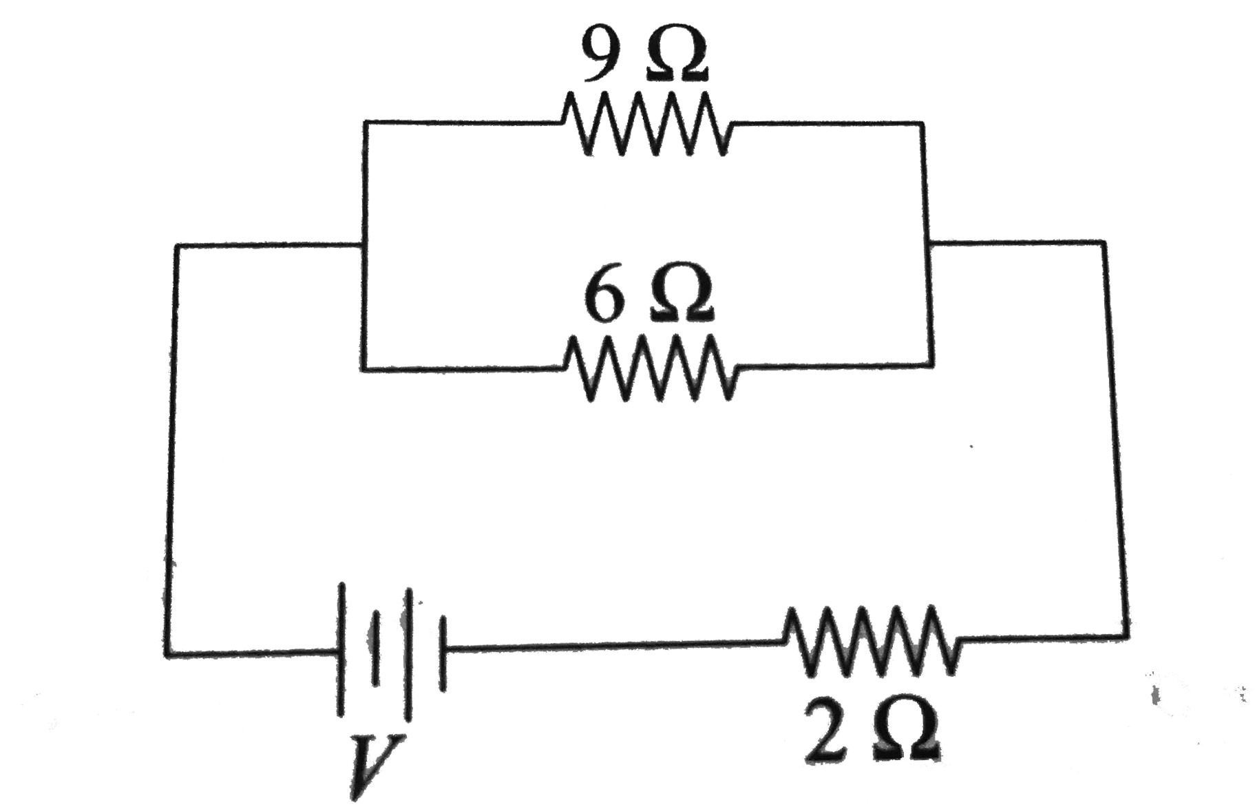 If power dissipated in the 9 Omega resistor in the resistor shown is 36 W, the potential difference across the 2 Omega resistor is