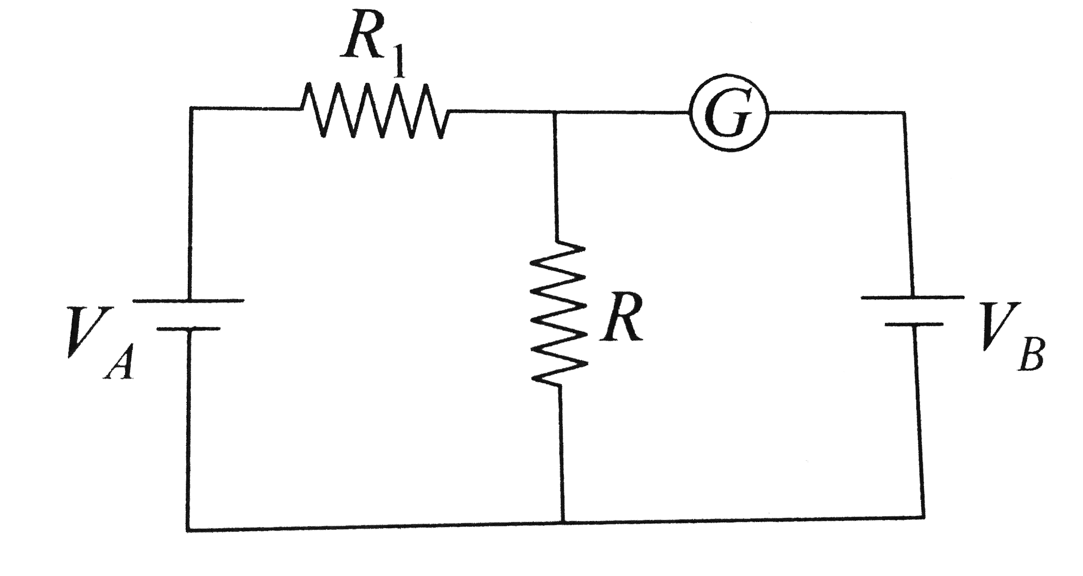In the circuit shown the cells A and B have negligible resistance. For V(A) = 12 V, R(1) = 500 Omega and R = 100 Omega, the galvanometer (G) shows no deflection. The value of V(B) is